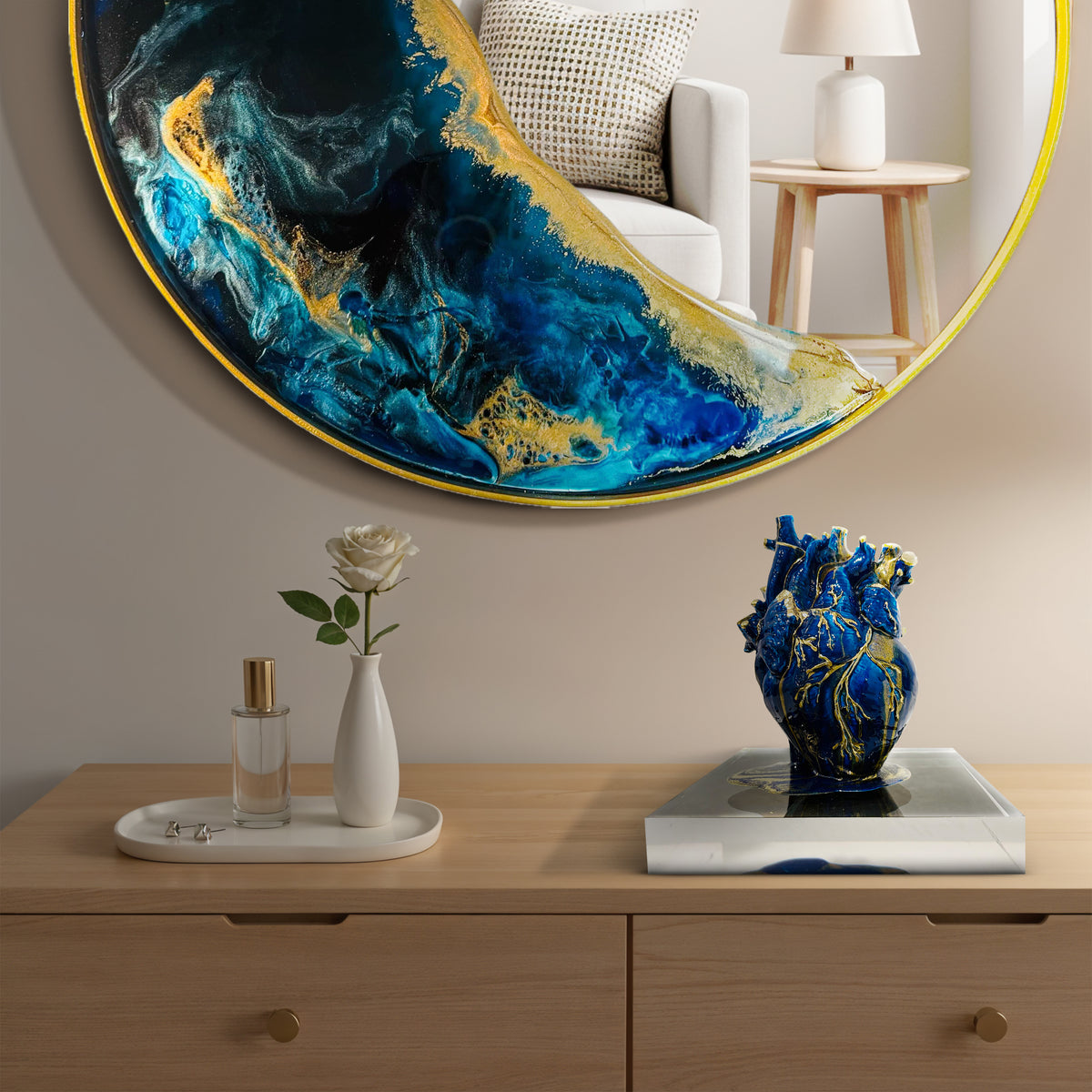 Hand Sculptured Round Wall Mirror – Tatiana Glen | Half Moon | 22-36 Inch Diameter