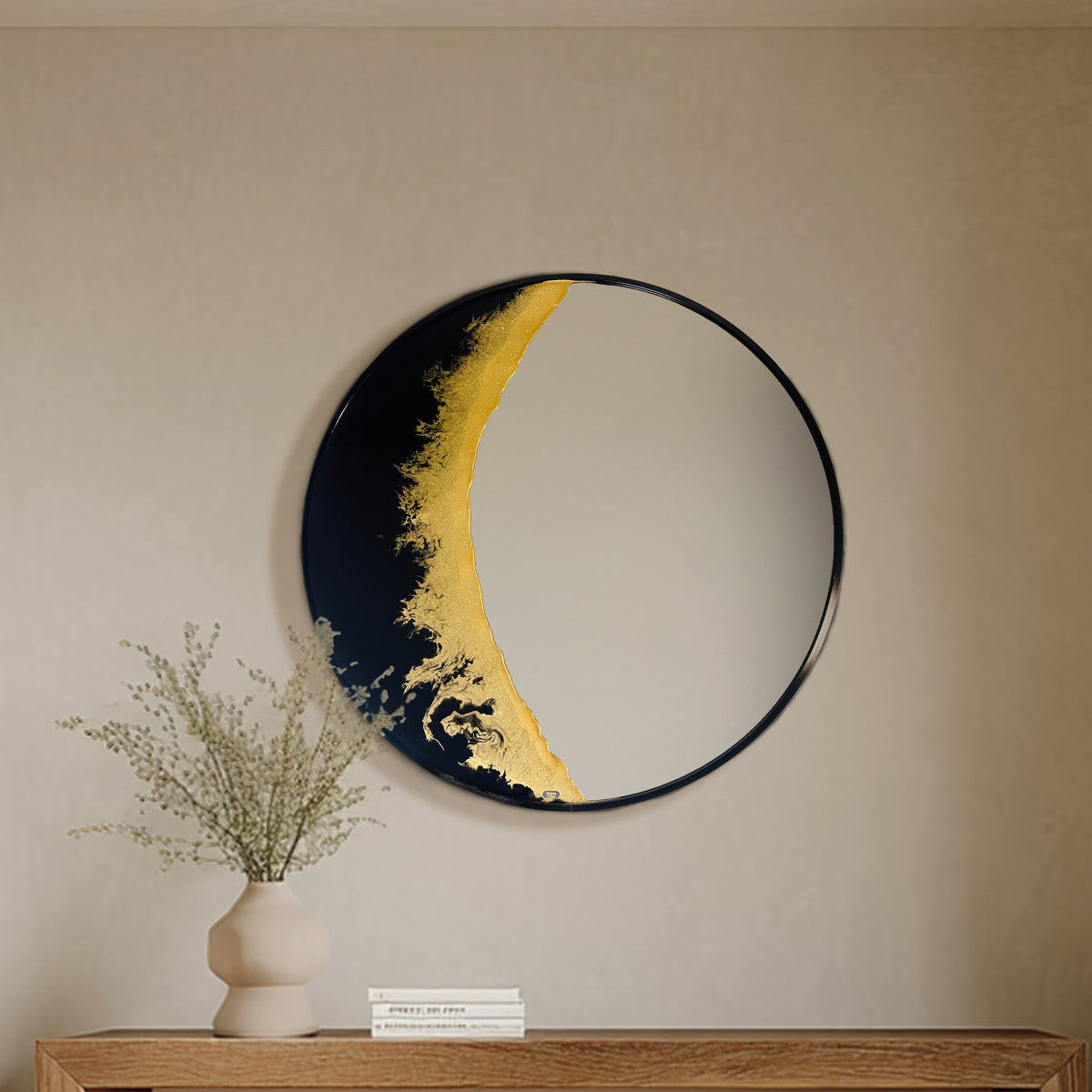 Hand Sculptured Round Wall Mirror – Tatiana Glen | New Moon | 22"–36" Diameter
