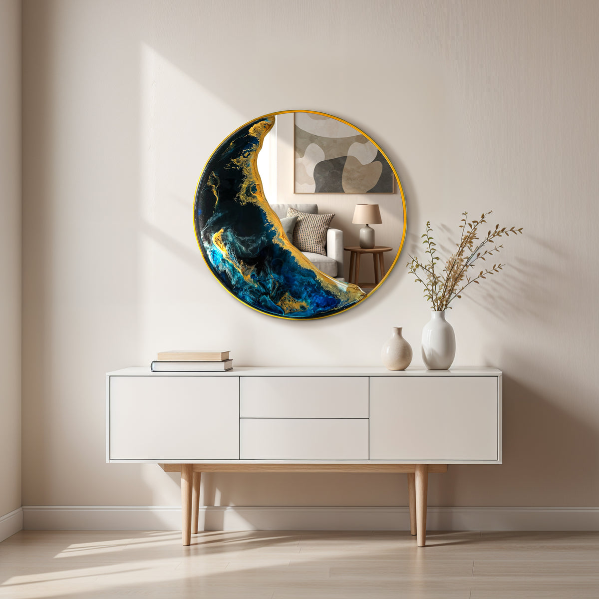 Hand Sculptured Round Wall Mirror – Tatiana Glen | Half Moon | 22-36 Inch Diameter