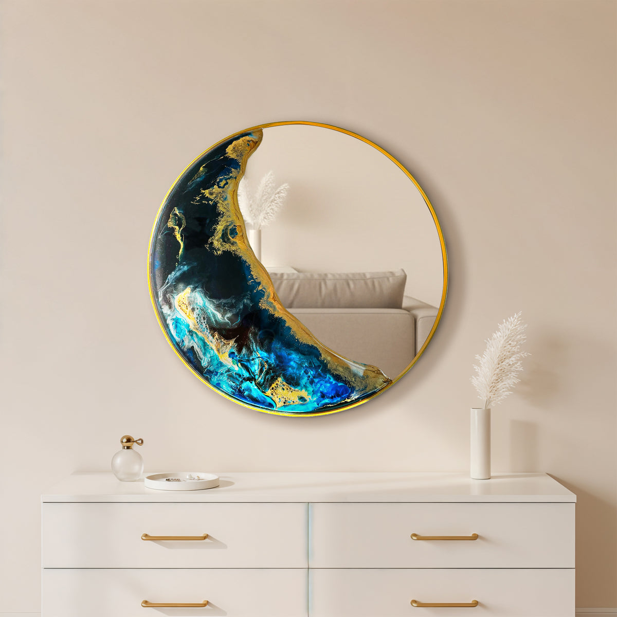 Hand Sculptured Round Wall Mirror – Tatiana Glen | Half Moon | 22-36 Inch Diameter