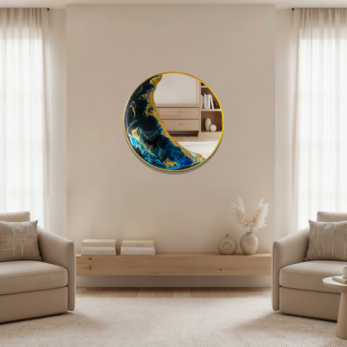 Hand Sculptured Round Wall Mirror – Tatiana Glen | Half Moon | 22-36 Inch Diameter