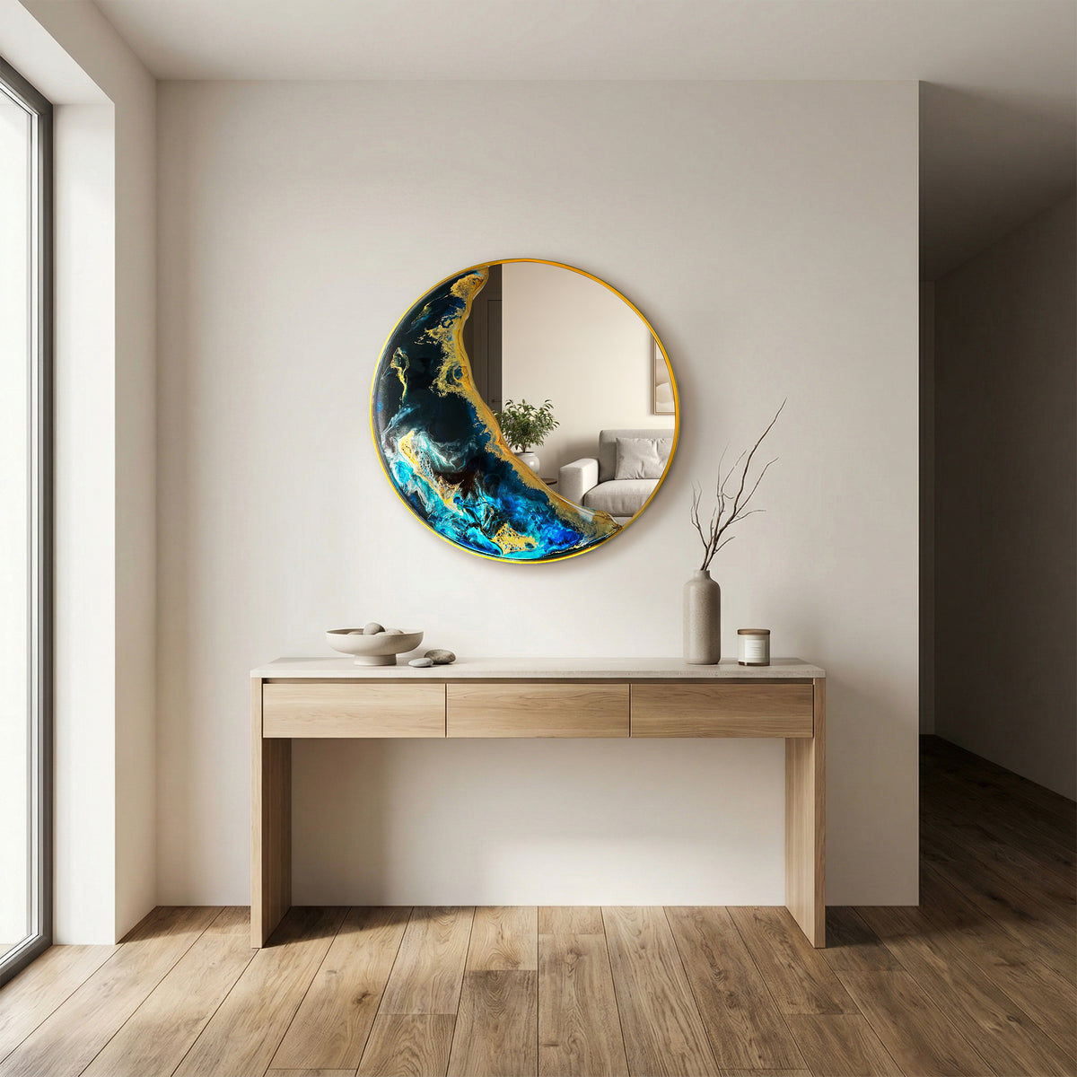 Hand Sculptured Round Wall Mirror – Tatiana Glen | Half Moon | 22-36 Inch Diameter