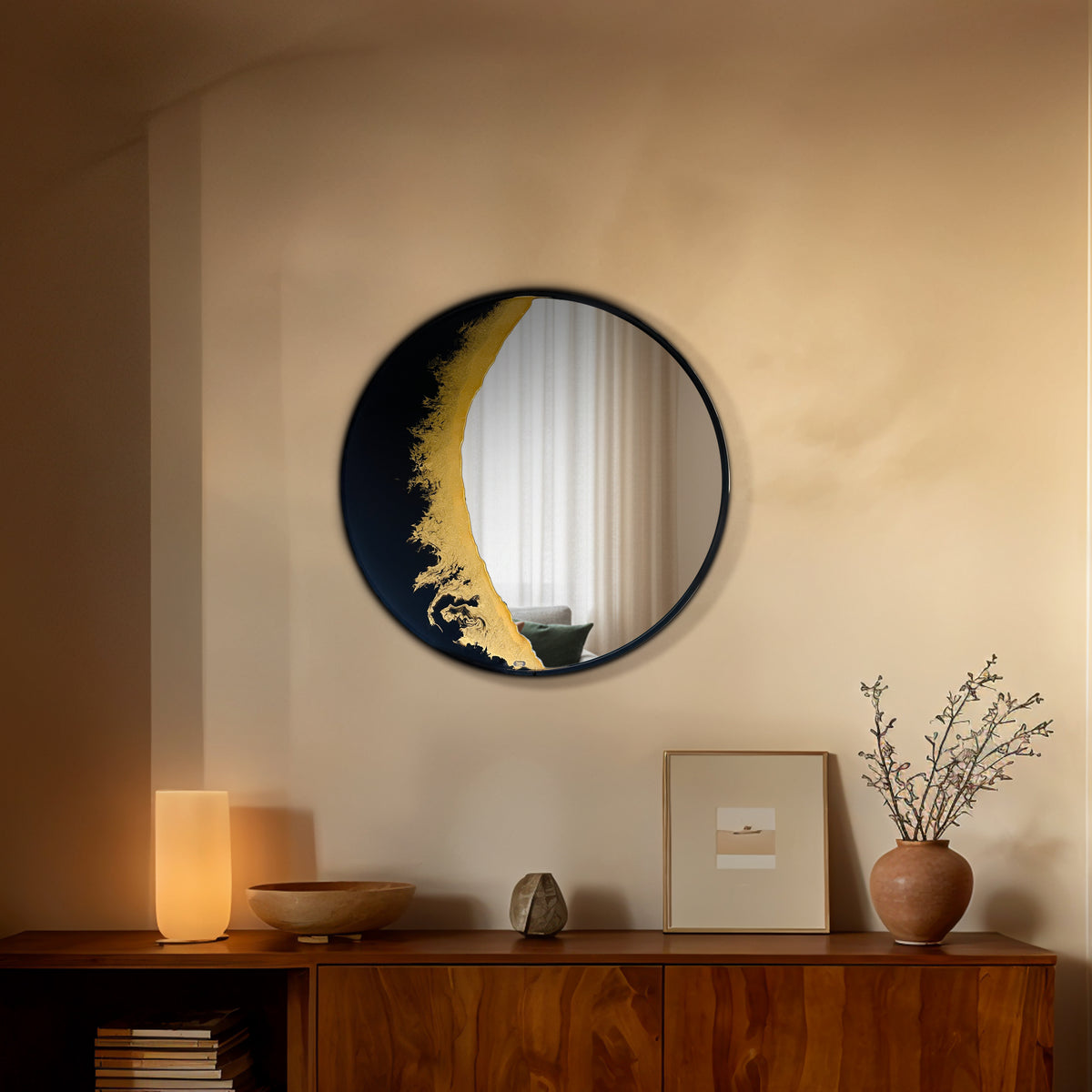 Hand Sculptured Round Wall Mirror – Tatiana Glen | New Moon | 22"–36" Diameter