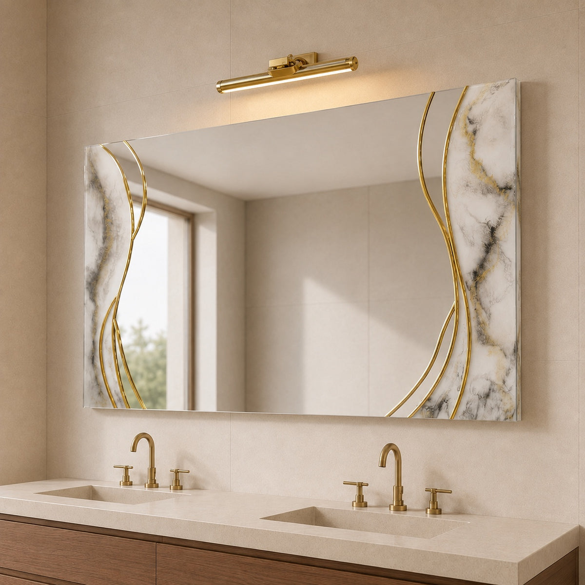 Angled view of Gilded Current showing its frameless glass edges, marbled resin panels and raised gold curves