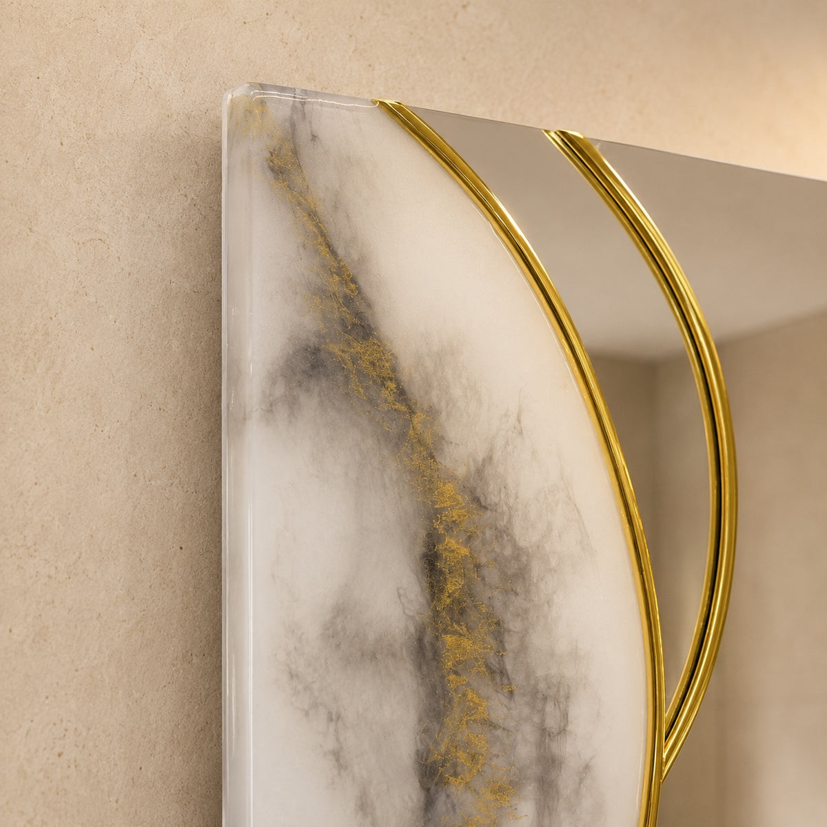Upper corner close-up of Gilded Current with translucent white resin, gray clouding and gold details
