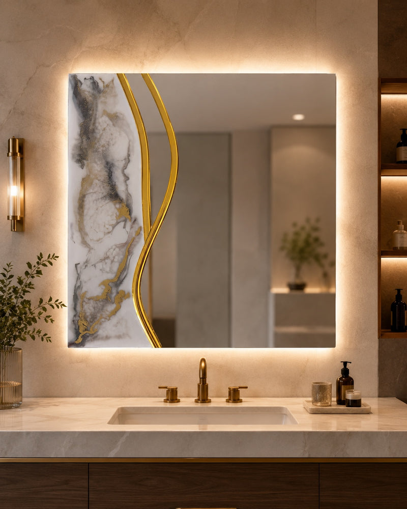 Golden Ribbon frameless mirror with ivory marble-inspired resin and gold detailing