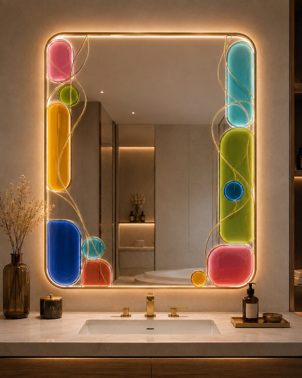 Spectrum Dawn color-edge frameless vanity mirror with translucent color and brass linework