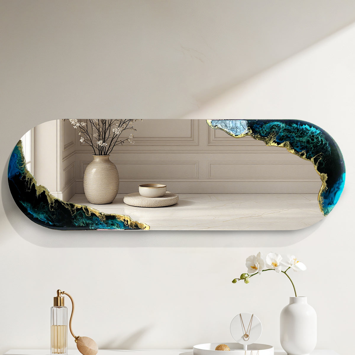 Hand Sculptured Sculptural Wall Mirror - Tatiana Glen - Tidal Horizon - 48H x 16W Inches