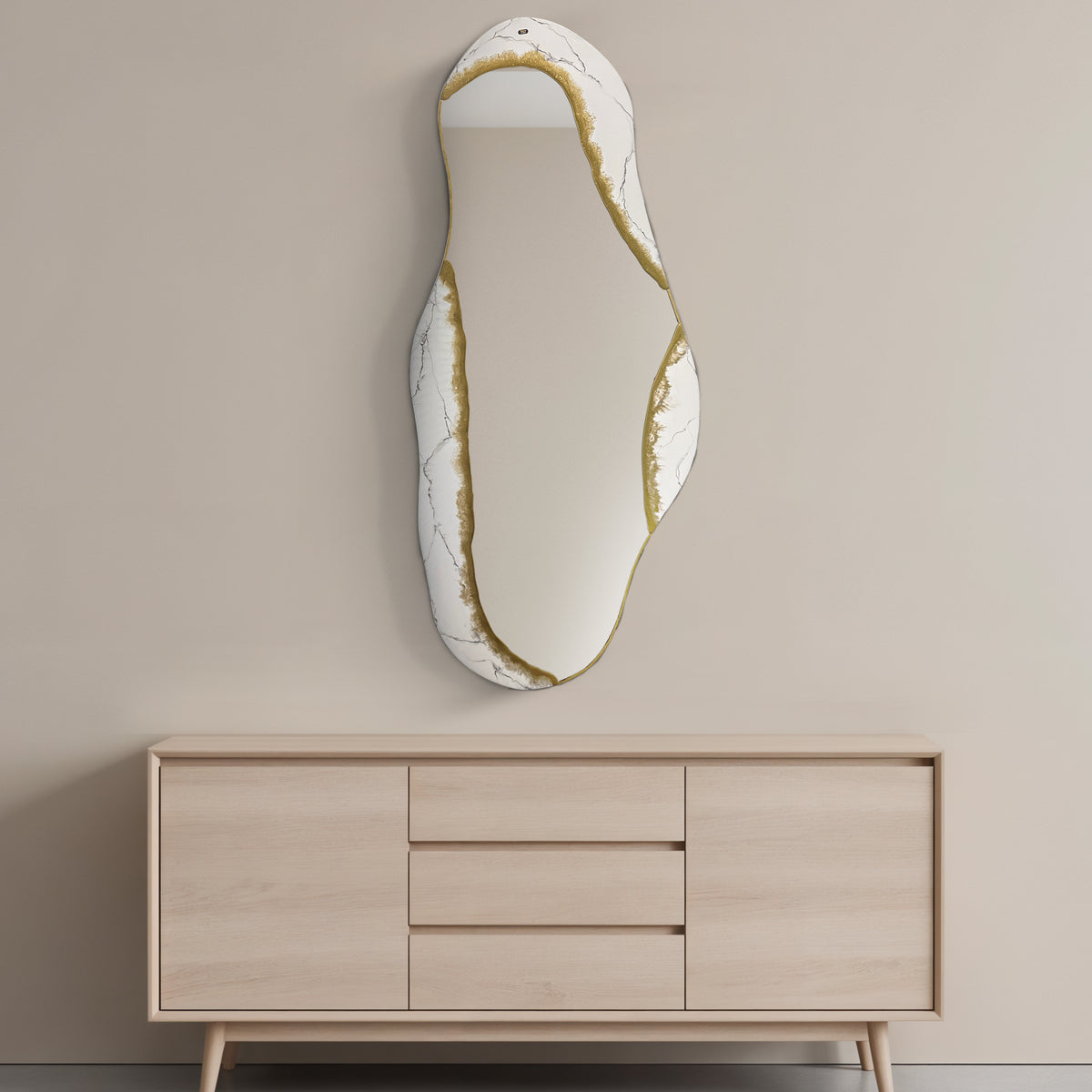 Hand Sculptured Organic Wall Mirror - Tatiana Glen - Kintsugi Flow - 47H x 21W Inches