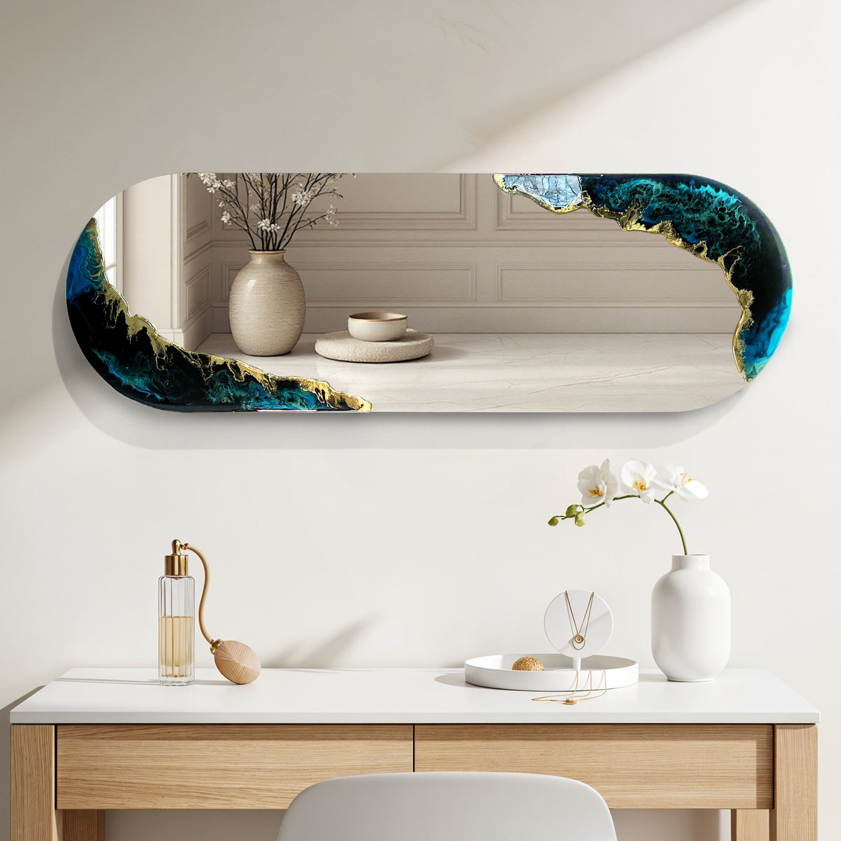 Hand Sculptured Sculptural Wall Mirror - Tatiana Glen - Tidal Horizon - 48H x 16W Inches