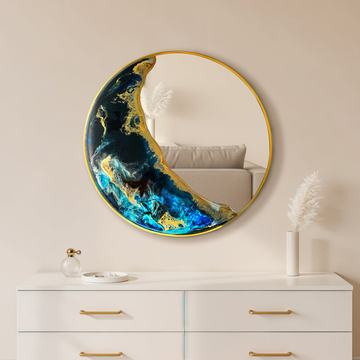 Hand Sculptured Round Wall Mirror – Tatiana Glen | Half Moon | 22-36 Inch Diameter