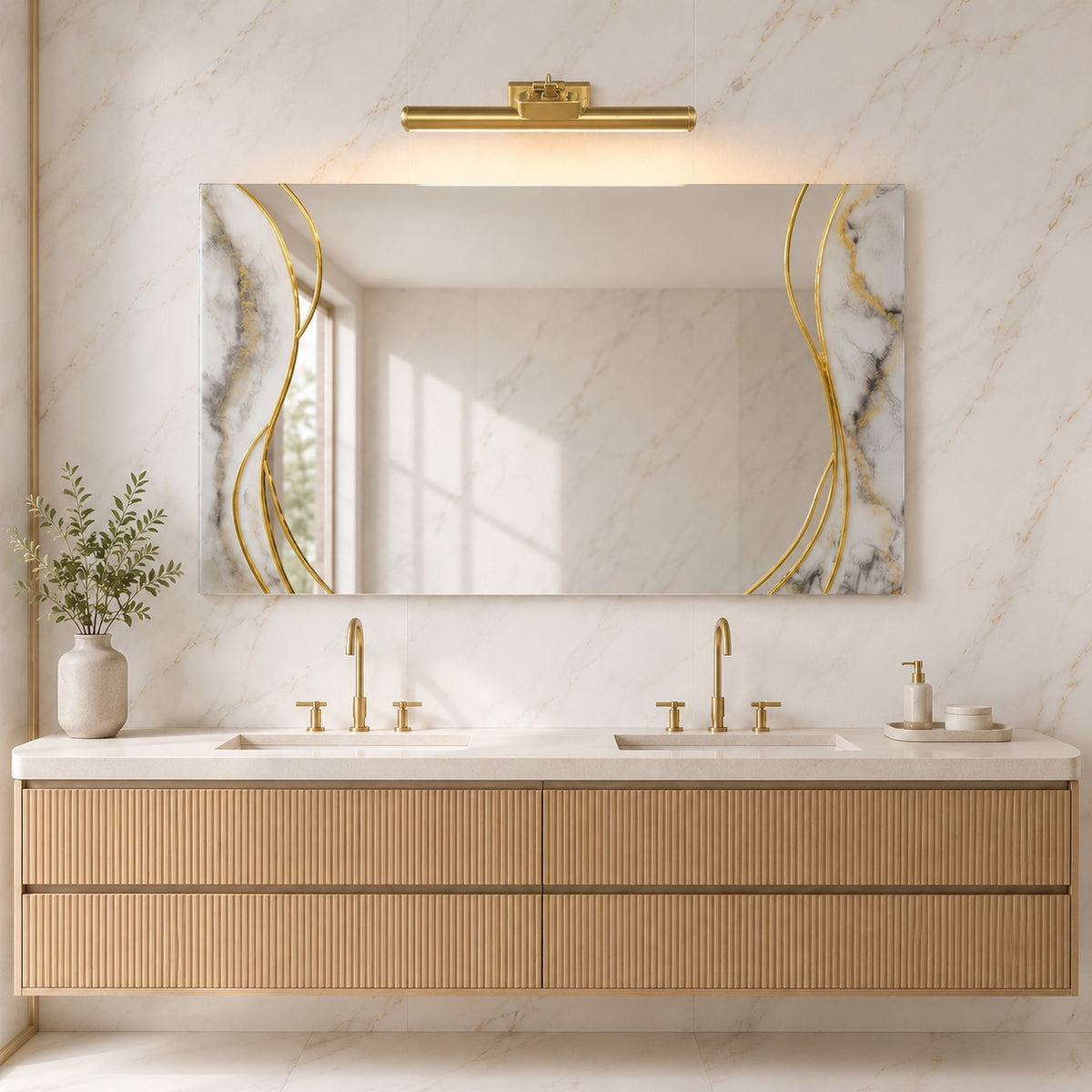 Gilded Current mirror in a bright marble bathroom with a fluted oak double vanity